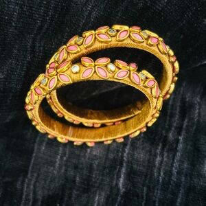 Gold and Pink Floral Bangle Set
